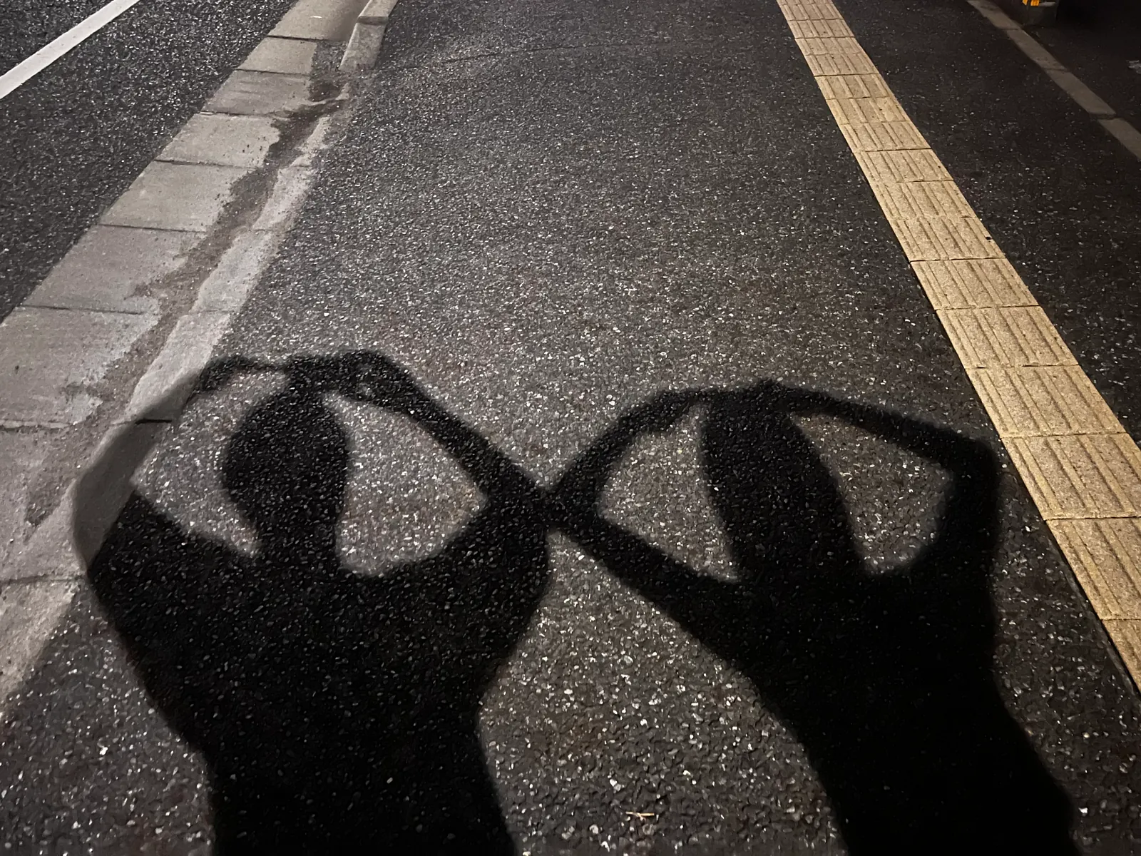 夜晚人行道上，並肩的兩人身影